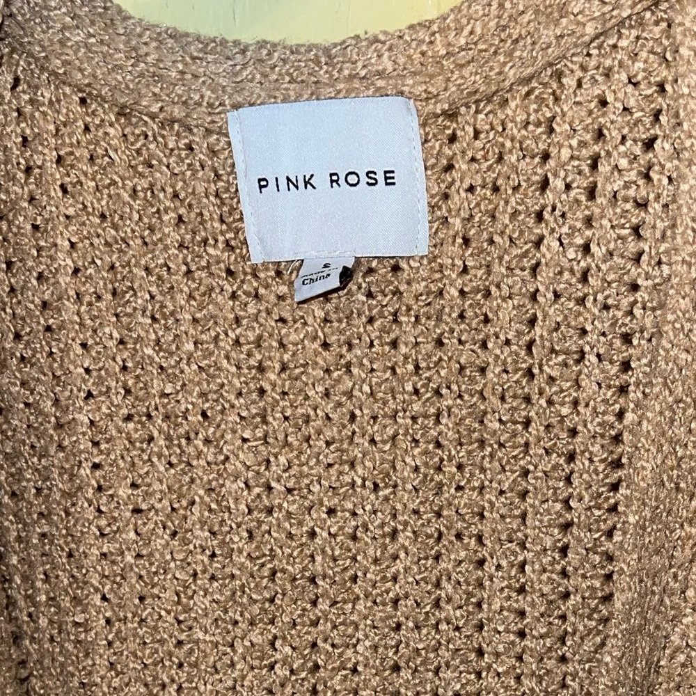 Pink Rose Tan & White Sweater Knit Long Sleeve Cardigan Open Front Size S - Picture 11 of 14